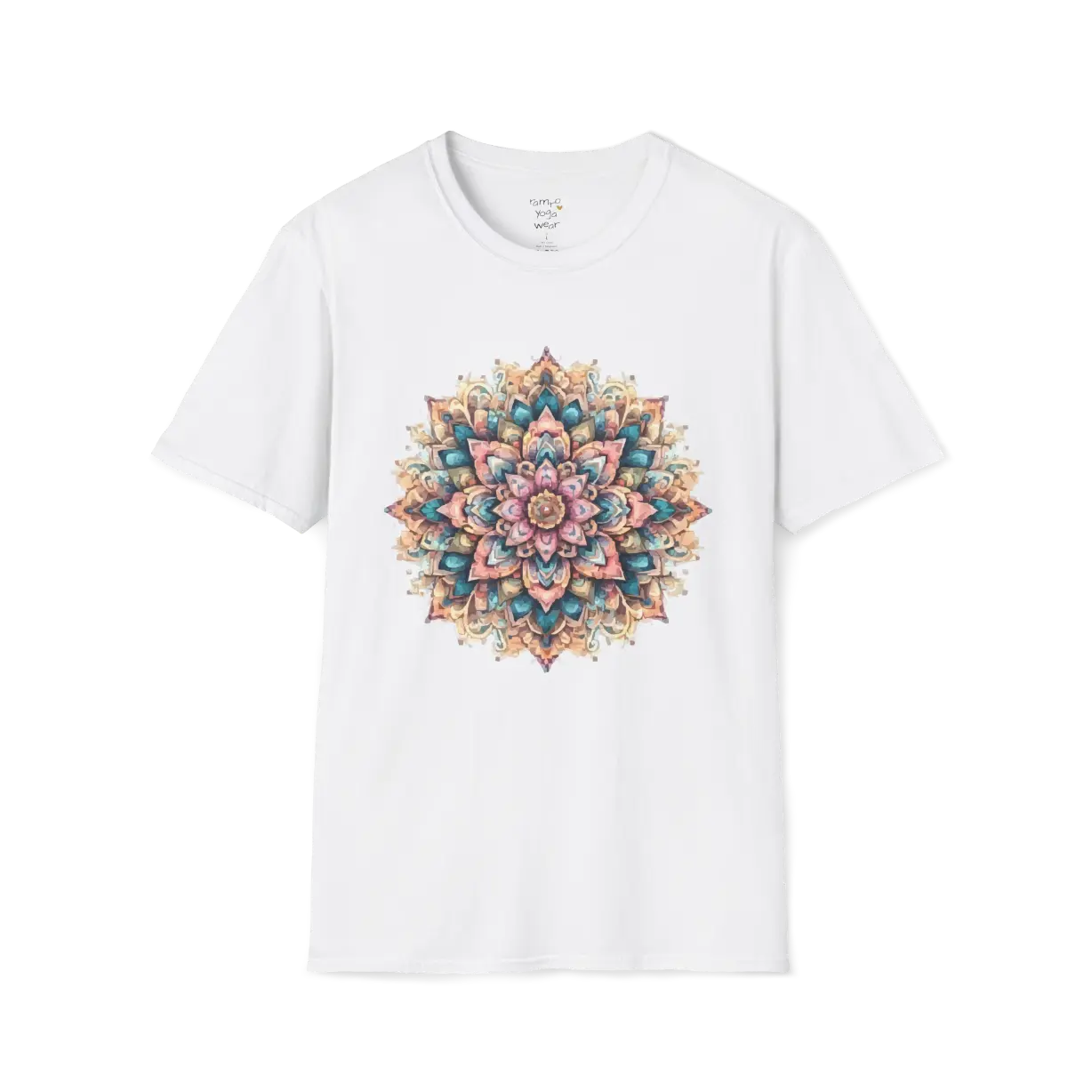 Color My Day T-Shirt, multicolored mandala design — The Vault collection by Ramro Yoga Wear, White.