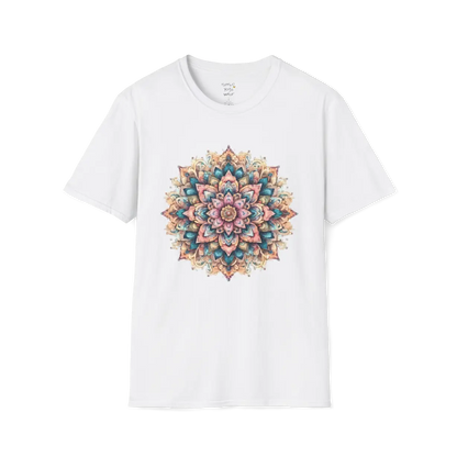 Color My Day T-Shirt, multicolored mandala design — The Vault collection by Ramro Yoga Wear, White.
