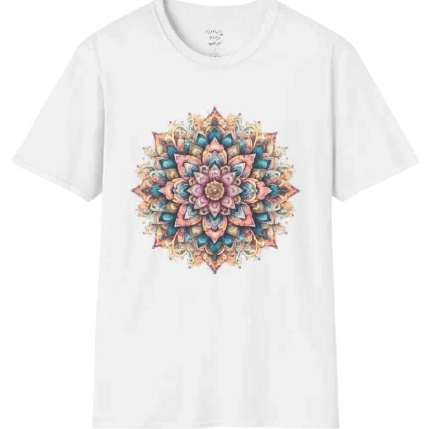 Color My Day T-Shirt, multicolored mandala design — The Vault collection by Ramro Yoga Wear, White