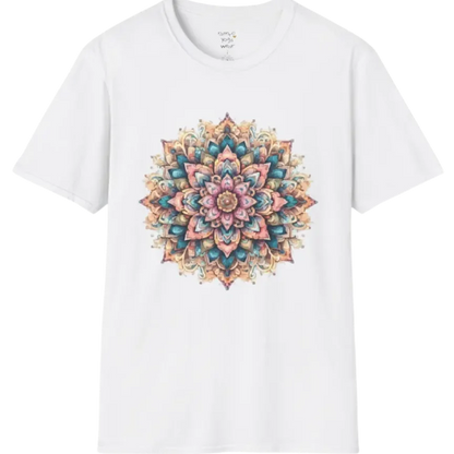 Color My Day T-Shirt, multicolored mandala design — The Vault collection by Ramro Yoga Wear, White