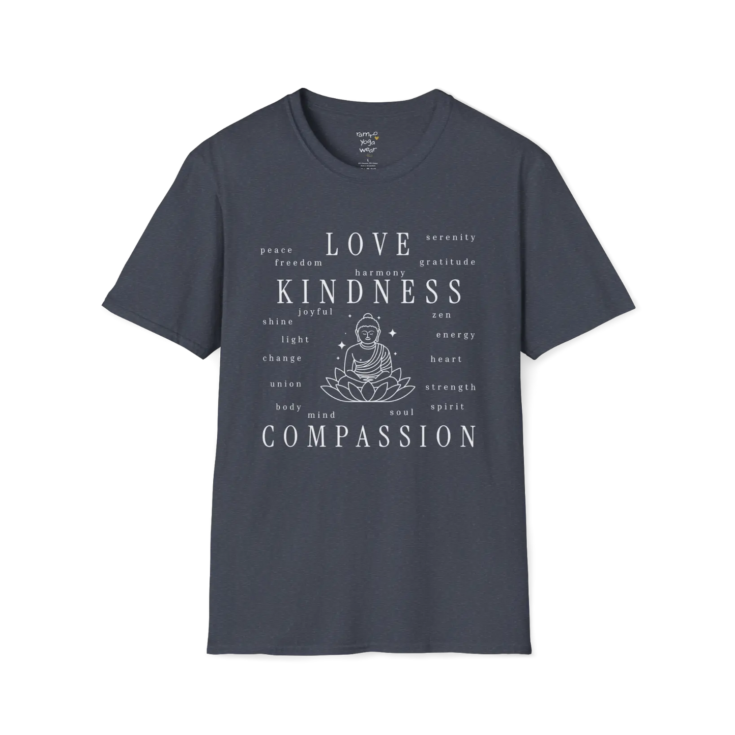 Buddha in lotus design surrounded by “love, kindness, compassion” word cloud — The Vault collection by Ramro Yoga Wear — Heather Navy