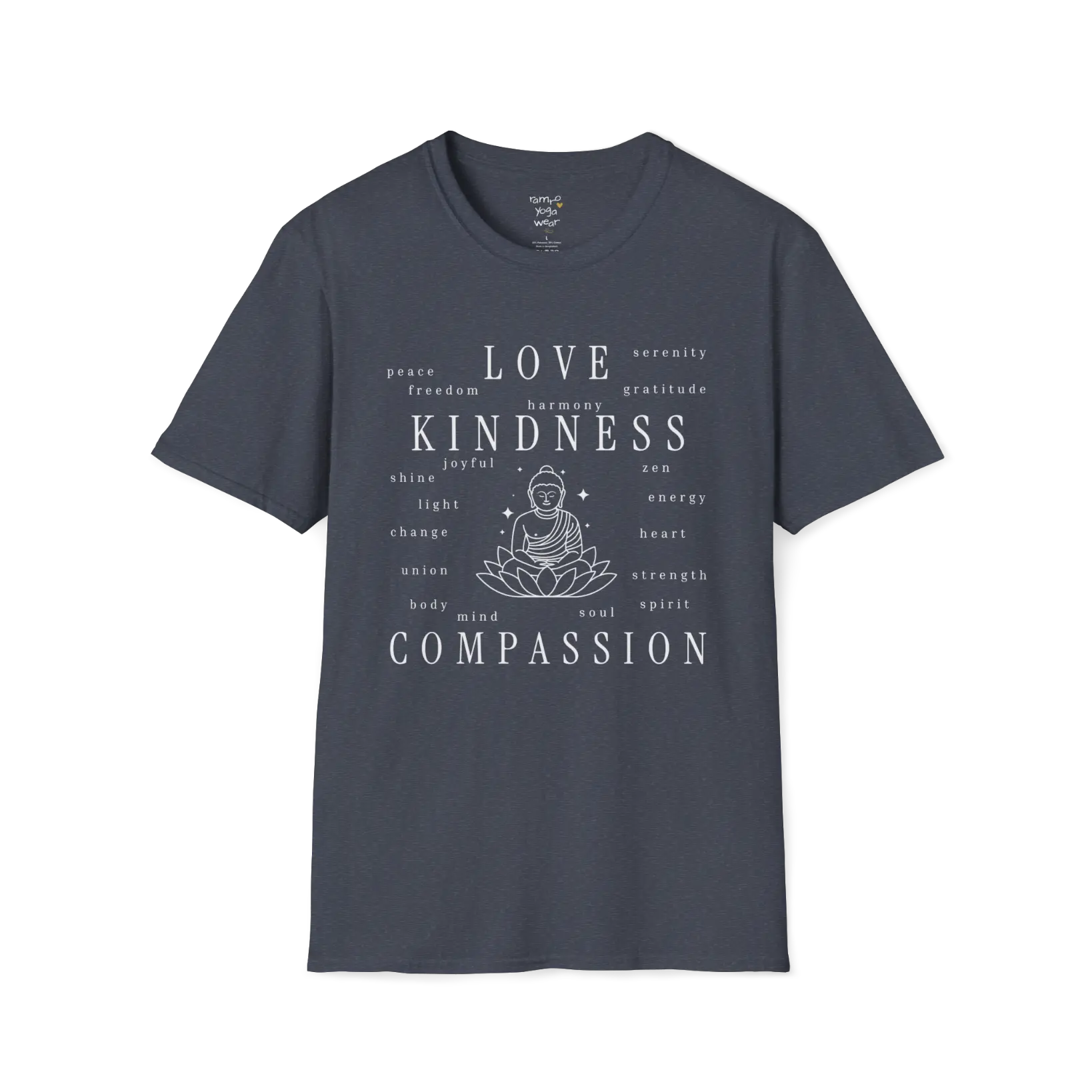 Buddha in lotus design surrounded by “love, kindness, compassion” word cloud — The Vault collection by Ramro Yoga Wear — Heather Navy