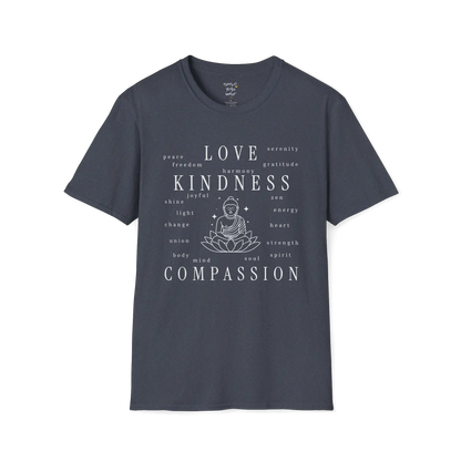 Buddha in lotus design surrounded by “love, kindness, compassion” word cloud — The Vault collection by Ramro Yoga Wear — Heather Navy