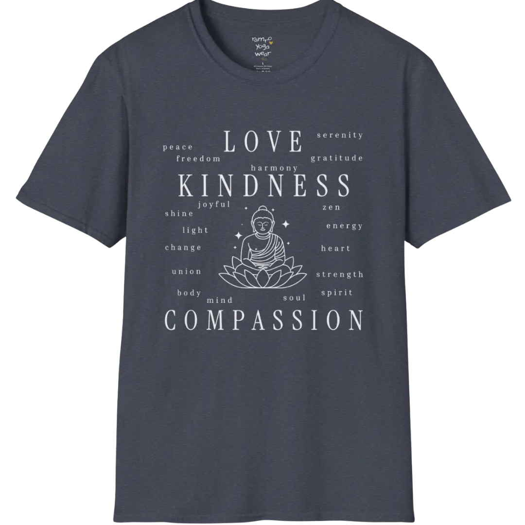 Buddha in lotus design surrounded by “love, kindness, compassion” word cloud — The Vault collection by Ramro Yoga Wear — Heather Navy