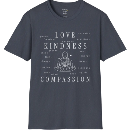 Buddha in lotus design surrounded by “love, kindness, compassion” word cloud — The Vault collection by Ramro Yoga Wear — Heather Navy