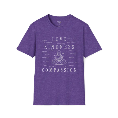 Buddha in lotus design surrounded by “love, kindness, compassion” word cloud — The Vault collection by Ramro Yoga Wear — Heather Purple