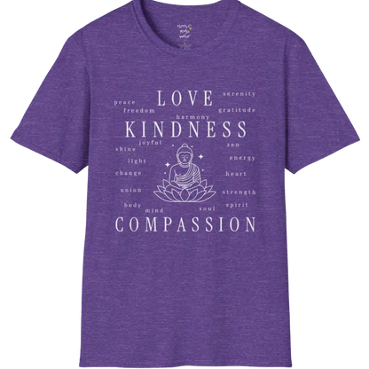 Buddha in lotus design surrounded by “love, kindness, compassion” word cloud — The Vault collection by Ramro Yoga Wear — Heather Purple