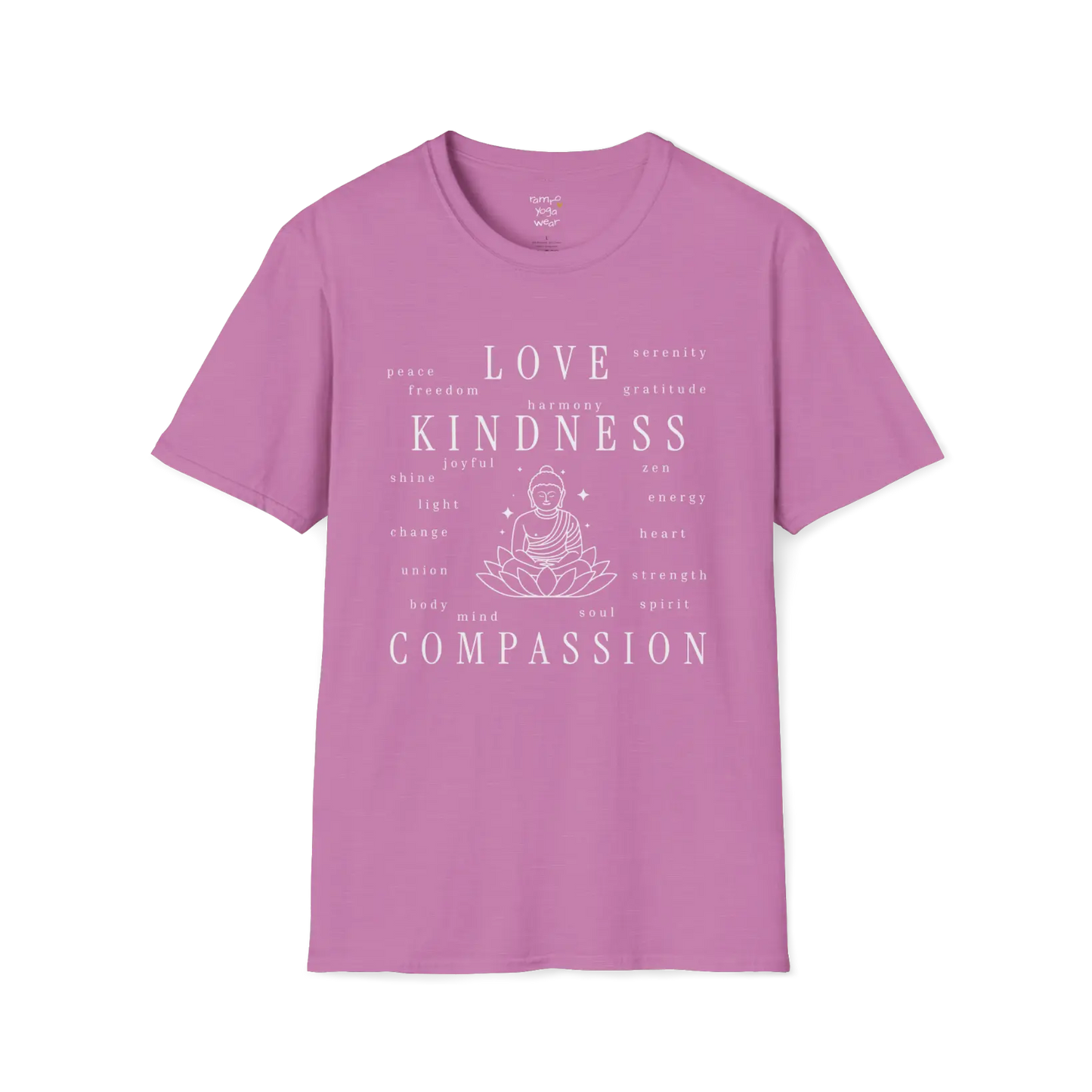 Buddha in lotus design surrounded by “love, kindness, compassion” word cloud — The Vault collection by Ramro Yoga Wear — Heather Radiant Orchid 