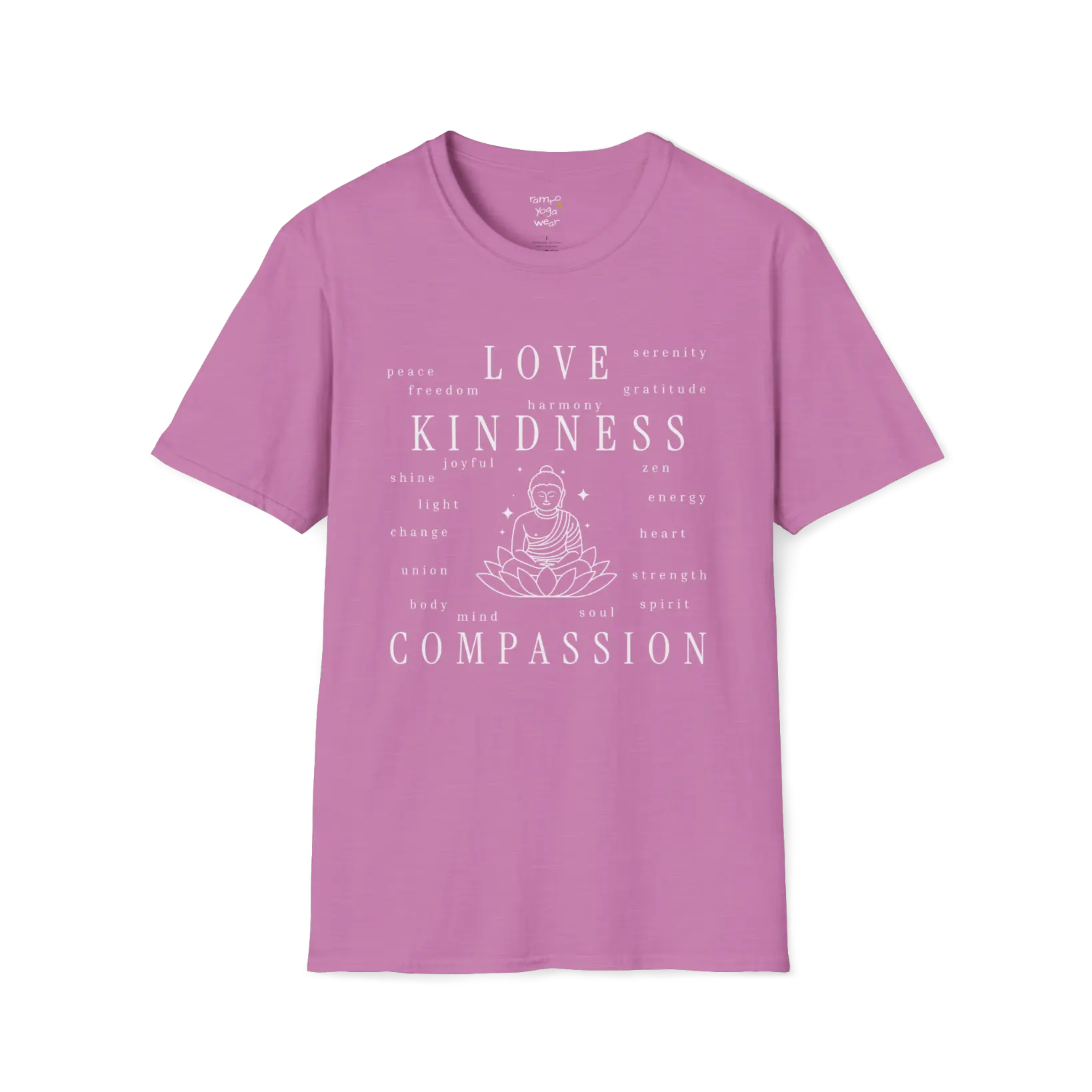 Buddha in lotus design surrounded by “love, kindness, compassion” word cloud — The Vault collection by Ramro Yoga Wear — Heather Radiant Orchid 