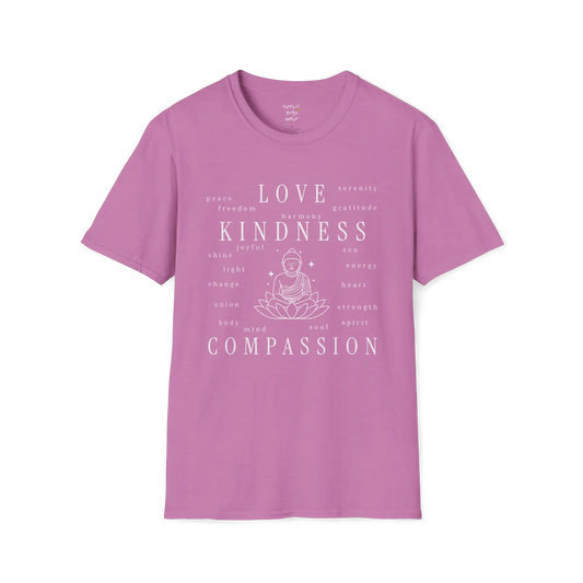 Buddha in lotus design surrounded by “love, kindness, compassion” word cloud — The Vault collection by Ramro Yoga Wear — Heather Radiant Orchid 