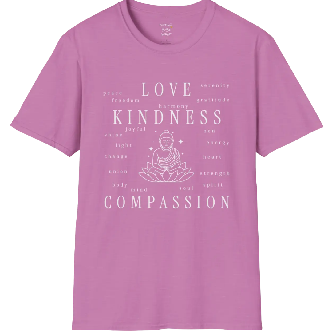Buddha in lotus design surrounded by “love, kindness, compassion” word cloud — The Vault collection by Ramro Yoga Wear — Heather Radiant Orchid 
