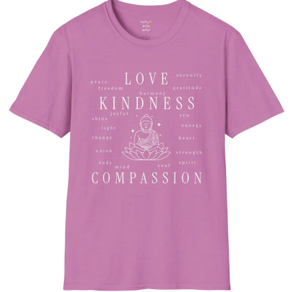 Buddha in lotus design surrounded by “love, kindness, compassion” word cloud — The Vault collection by Ramro Yoga Wear — Heather Radiant Orchid 