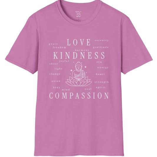 Buddha in lotus design surrounded by “love, kindness, compassion” word cloud — The Vault collection by Ramro Yoga Wear — Heather Radiant Orchid 