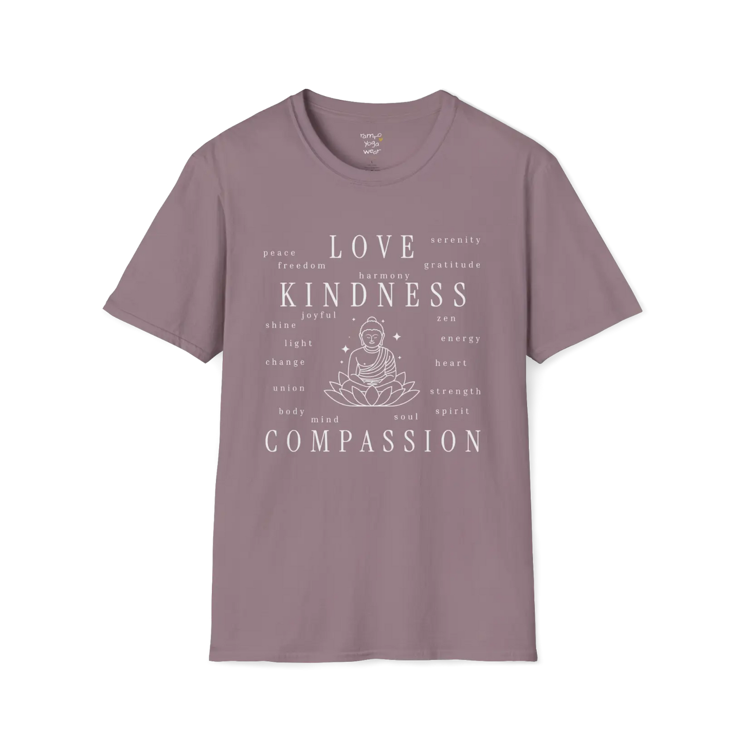 Buddha in lotus design surrounded by “love, kindness, compassion” word cloud — The Vault collection by Ramro Yoga Wear — Paragon
