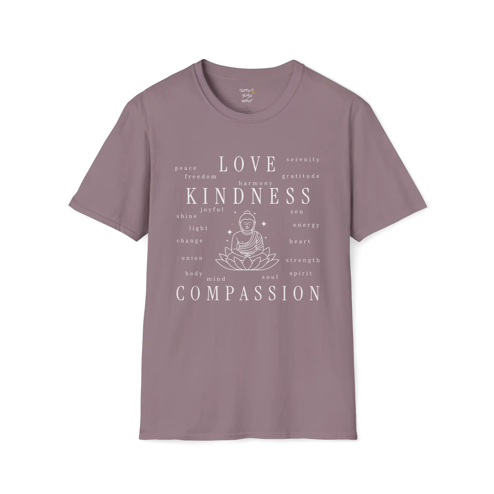 Buddha in lotus design surrounded by “love, kindness, compassion” word cloud — The Vault collection by Ramro Yoga Wear — Paragon