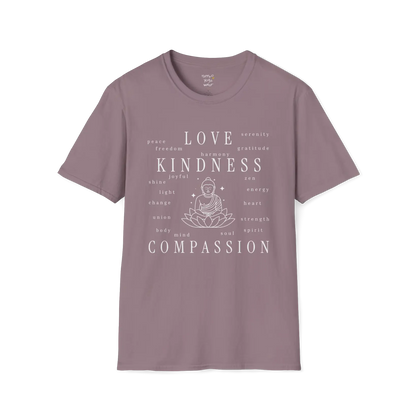 Buddha in lotus design surrounded by “love, kindness, compassion” word cloud — The Vault collection by Ramro Yoga Wear — Paragon