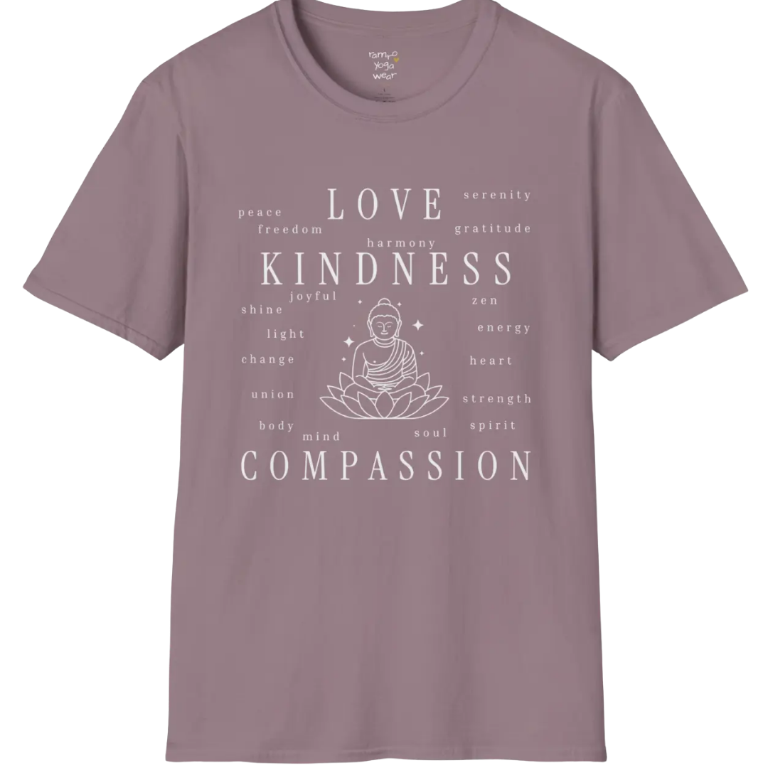 Buddha in lotus design surrounded by “love, kindness, compassion” word cloud — The Vault collection by Ramro Yoga Wear — Paragon