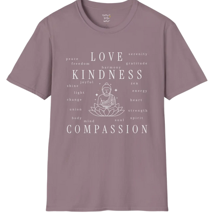 Buddha in lotus design surrounded by “love, kindness, compassion” word cloud — The Vault collection by Ramro Yoga Wear — Paragon