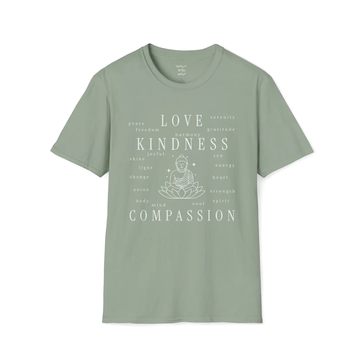 Buddha in lotus design surrounded by “love, kindness, compassion” word cloud — The Vault collection by Ramro Yoga Wear — Sage