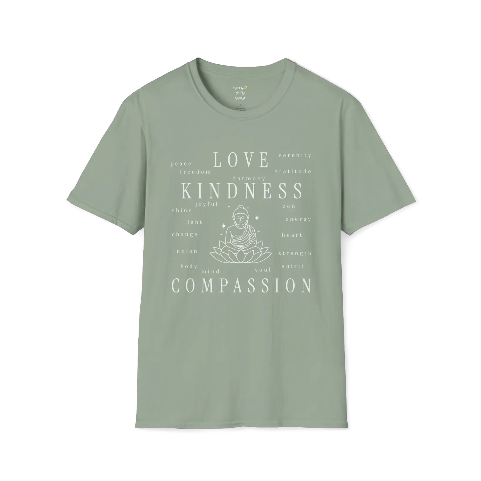 Buddha in lotus design surrounded by “love, kindness, compassion” word cloud — The Vault collection by Ramro Yoga Wear — Sage