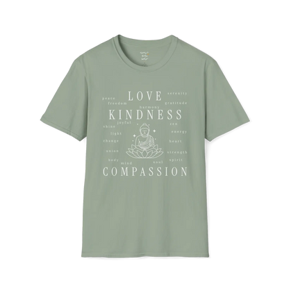 Buddha in lotus design surrounded by “love, kindness, compassion” word cloud — The Vault collection by Ramro Yoga Wear — Sage