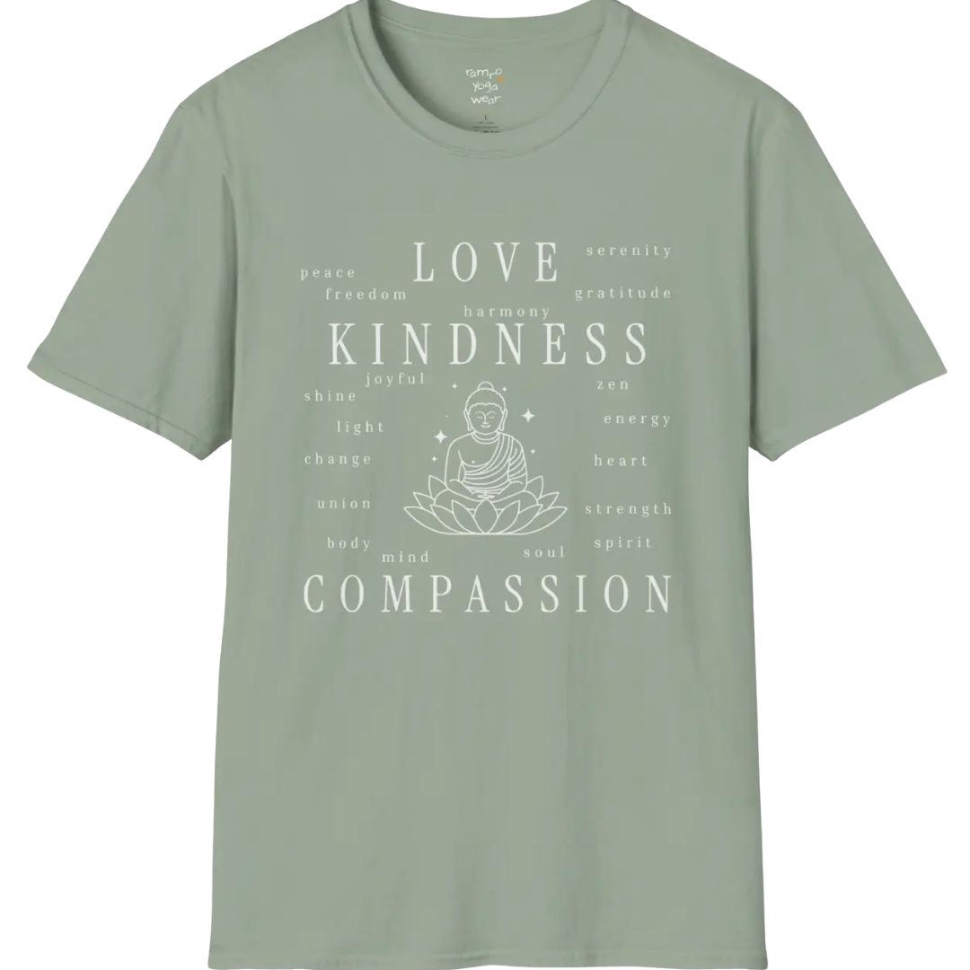 Buddha in lotus design surrounded by “love, kindness, compassion” word cloud — The Vault collection by Ramro Yoga Wear — Sage