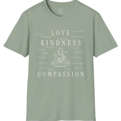 Buddha in lotus design surrounded by “love, kindness, compassion” word cloud — The Vault collection by Ramro Yoga Wear — Sage