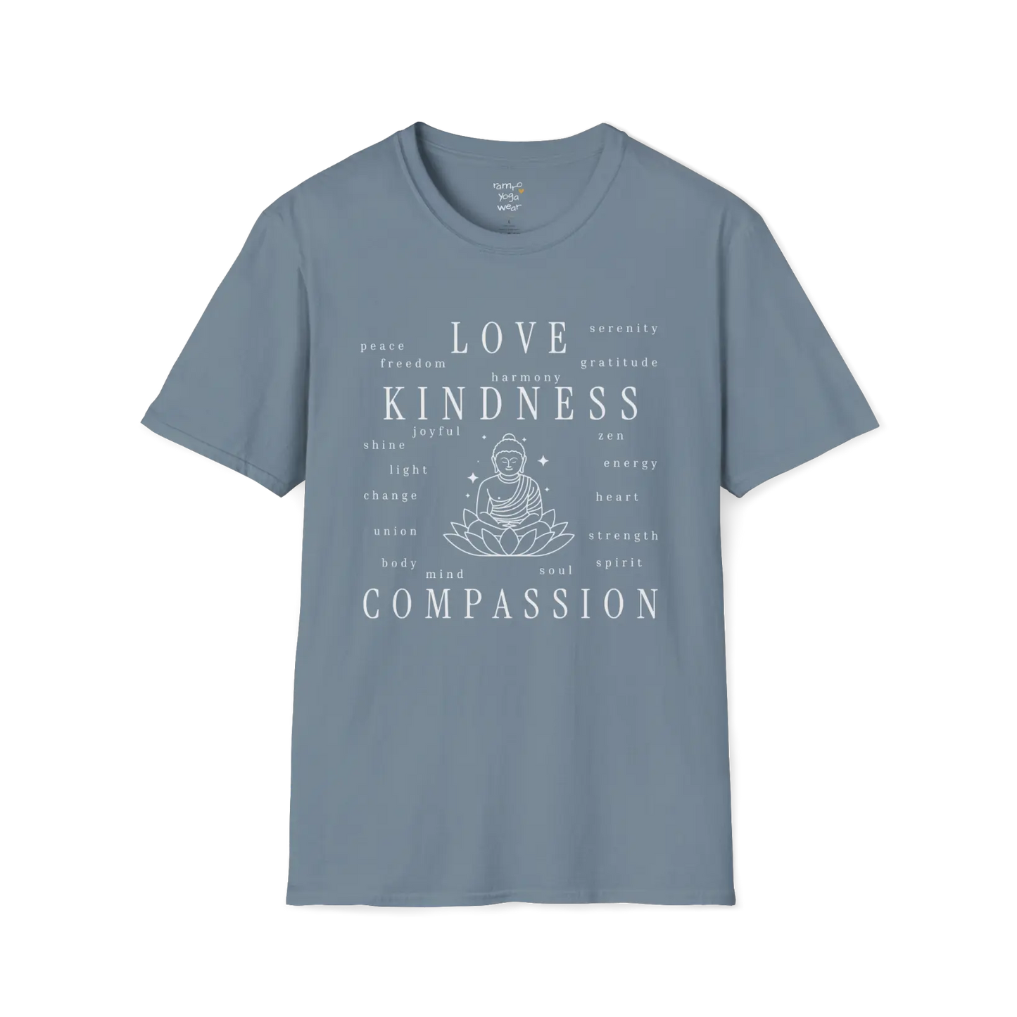 Buddha in lotus design surrounded by “love, kindness, compassion” word cloud — The Vault collection by Ramro Yoga Wear — Stone Blue
