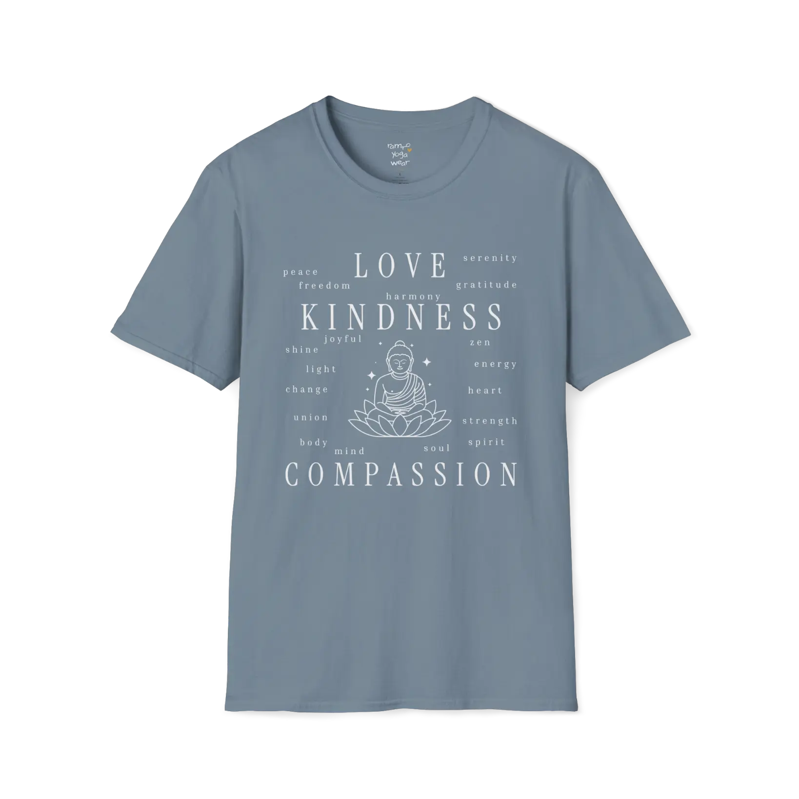 Buddha in lotus design surrounded by “love, kindness, compassion” word cloud — The Vault collection by Ramro Yoga Wear — Stone Blue