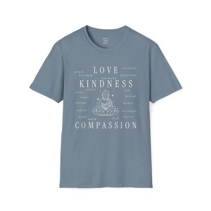 Buddha in lotus design surrounded by “love, kindness, compassion” word cloud — The Vault collection by Ramro Yoga Wear — Stone Blue