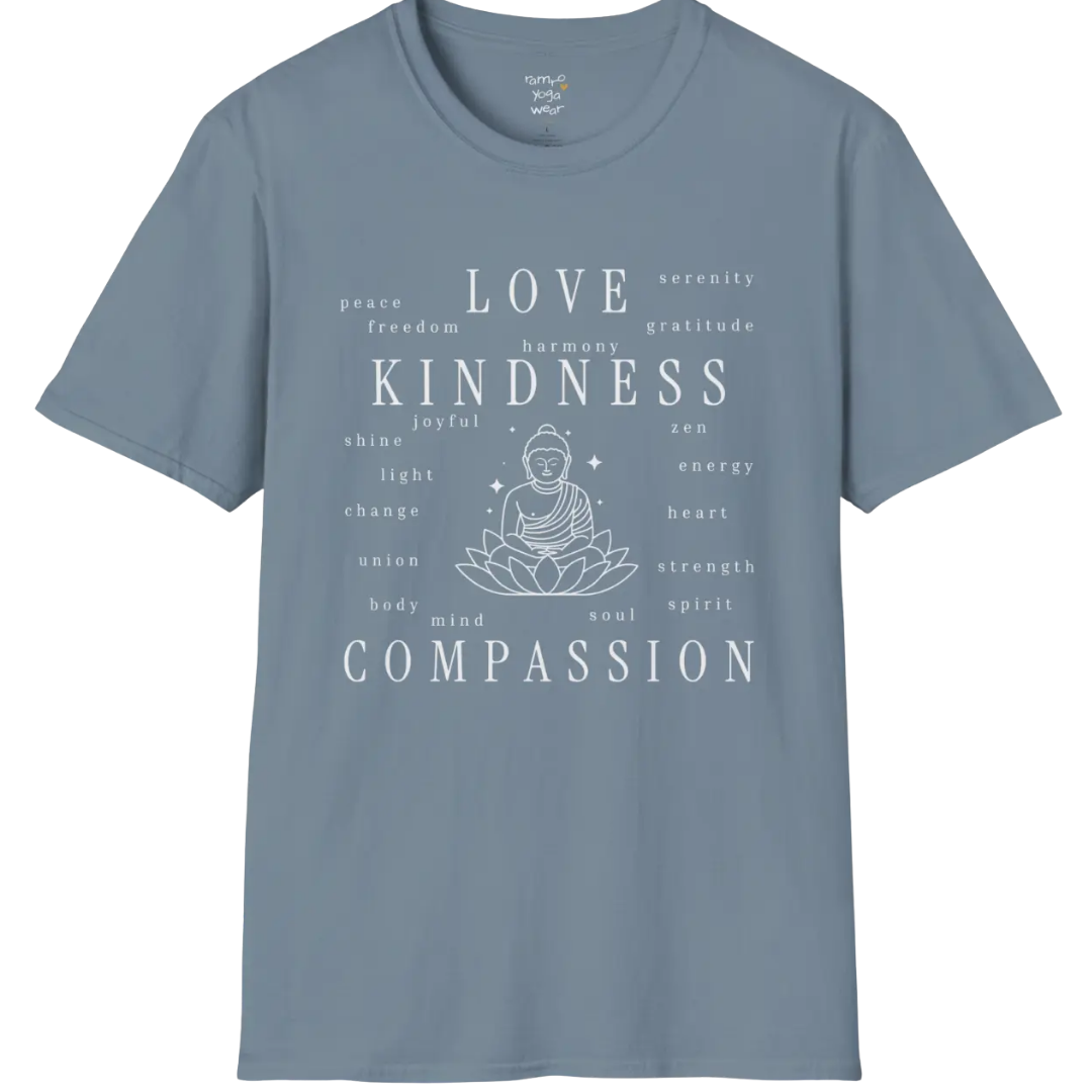 Buddha in lotus design surrounded by “love, kindness, compassion” word cloud — The Vault collection by Ramro Yoga Wear — Stone Blue