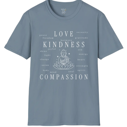 Buddha in lotus design surrounded by “love, kindness, compassion” word cloud — The Vault collection by Ramro Yoga Wear — Stone Blue