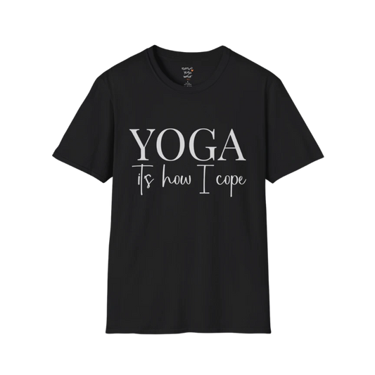Cope T-Shirt in Black with clean minimalist yoga typography design and calm modern aesthetic for mindful everyday wear.