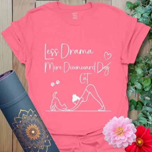 Coral Silk Cat Paws T-Shirt featuring woman and cat in Downward Cat pose. Soft mindful tee with heart and paw prints.