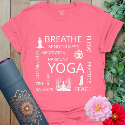 Coral Silk Yogi State T-Shirt featuring yoga word art and serene poses. Perfect for mindfulness and calm living.