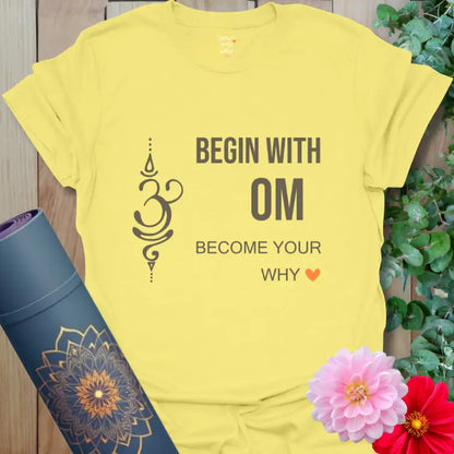 Warm cornsilk yoga T-shirt featuring Om design and orange heart. Street Style Yoga Wear at its best.