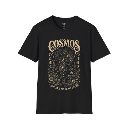 Black Cosmos T-Shirt featuring vintage celestial etched artwork with mystical cosmic detailing and distressed spiritual graphic styling.