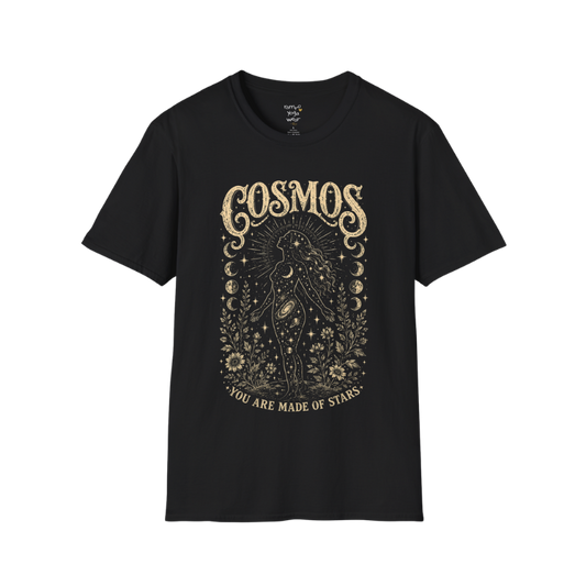 Black Cosmos T-Shirt featuring vintage celestial etched artwork with mystical cosmic detailing and distressed spiritual graphic styling.