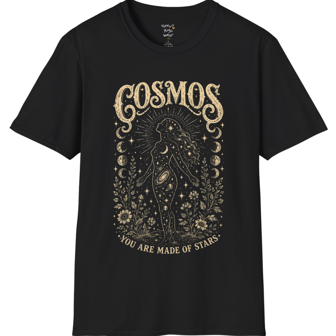 Black Cosmos T-Shirt featuring vintage celestial etched artwork with mystical cosmic detailing and distressed spiritual graphic styling.