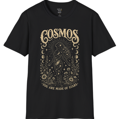Black Cosmos T-Shirt featuring vintage celestial etched artwork with mystical cosmic detailing and distressed spiritual graphic styling.