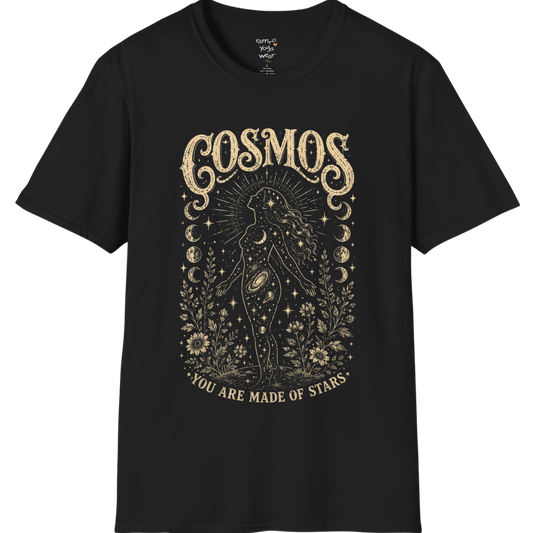 Black Cosmos T-Shirt featuring vintage celestial etched artwork with mystical cosmic detailing and distressed spiritual graphic styling.