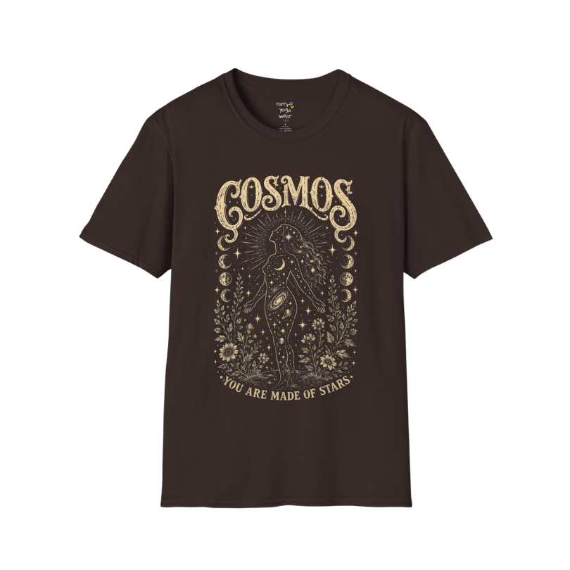 Dark Chocolate Cosmos T-Shirt with engraved-style celestial illustration inspired by stars, mysticism, and vintage spiritual artwork.