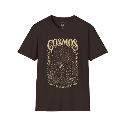 Dark Chocolate Cosmos T-Shirt with engraved-style celestial illustration inspired by stars, mysticism, and vintage spiritual artwork.