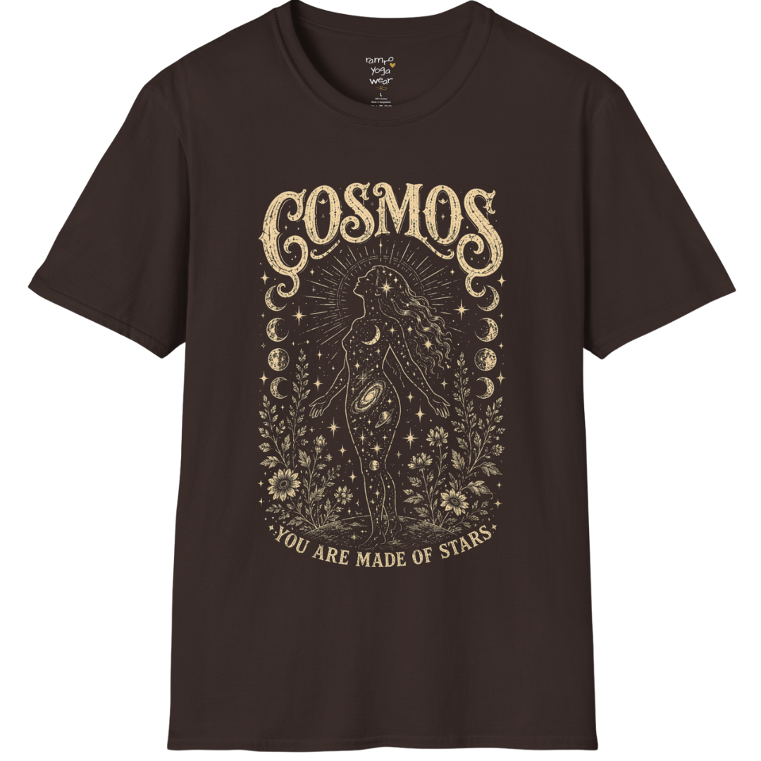 Dark Chocolate Cosmos T-Shirt with engraved-style celestial illustration inspired by stars, mysticism, and vintage spiritual artwork.