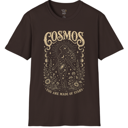 Dark Chocolate Cosmos T-Shirt with engraved-style celestial illustration inspired by stars, mysticism, and vintage spiritual artwork.