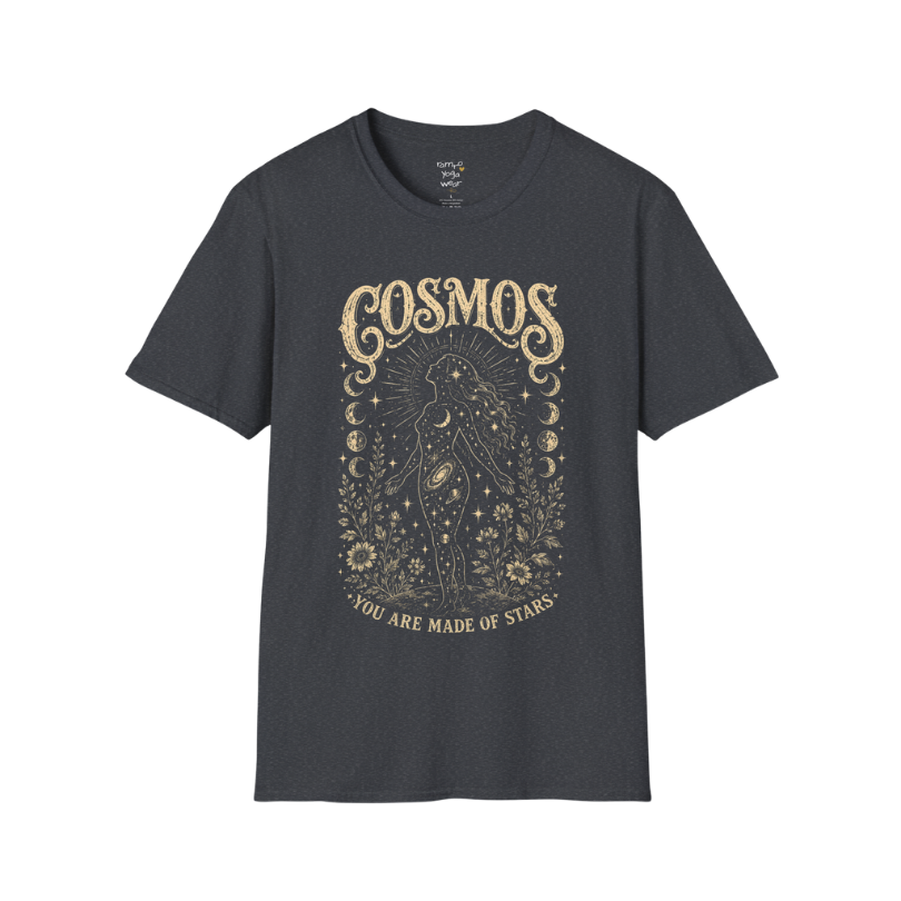 Dark Heather Grey Cosmos T-Shirt featuring distressed cosmic linework with an old-world mystical etched aesthetic.