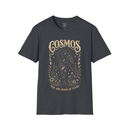 Dark Heather Grey Cosmos T-Shirt featuring distressed cosmic linework with an old-world mystical etched aesthetic.