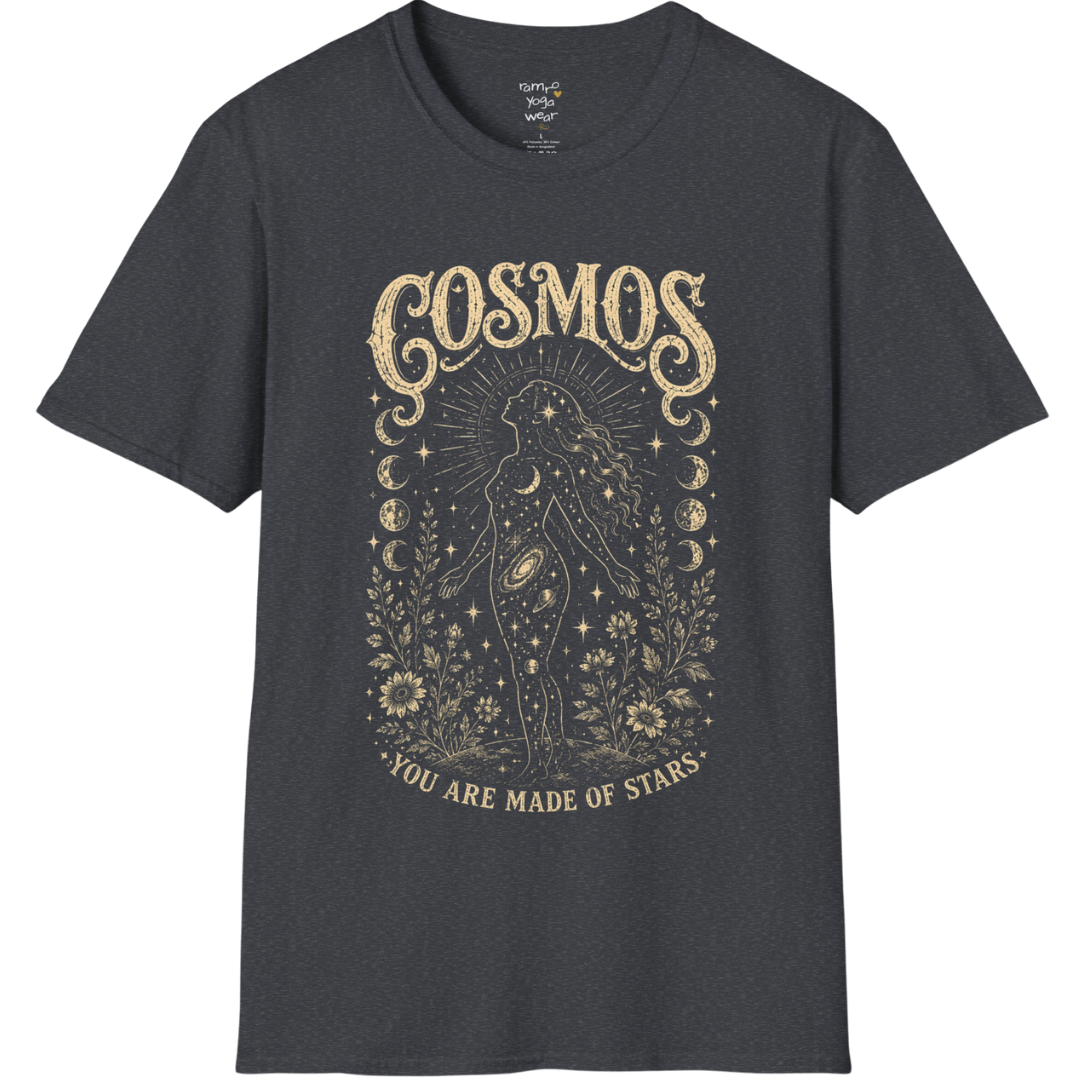 Dark Heather Grey Cosmos T-Shirt featuring distressed cosmic linework with an old-world mystical etched aesthetic.