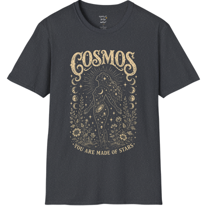 Dark Heather Grey Cosmos T-Shirt featuring distressed cosmic linework with an old-world mystical etched aesthetic.