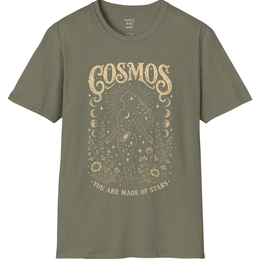 Heather Military Green Cosmos T-Shirt with celestial engraved artwork and faded vintage spiritual illustration styling.